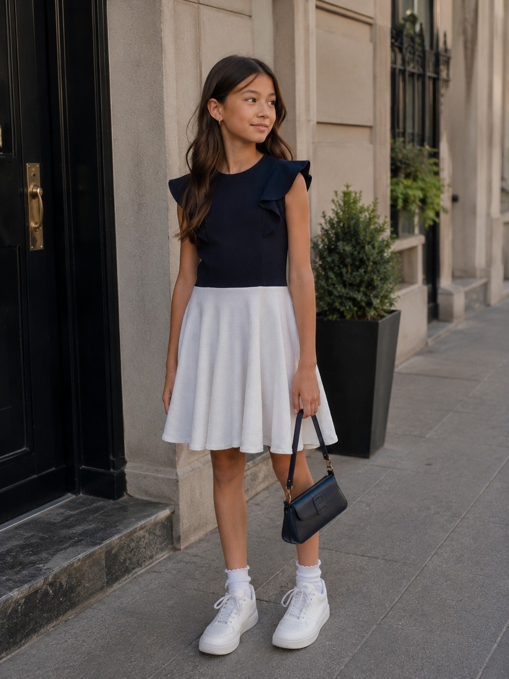 David Charles Black Label Girls Dress 10 Navy White Ruffle Fit & Flare Luxury